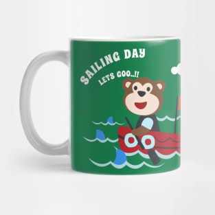 Funny monkey sailor cartoon vector on little boat with cartoon style. Mug